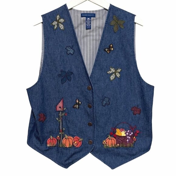 Karen Scott Women's Autumn Fall Vest Denim Harvest Pumpkins Flowers Size Large - Picture 1 of 11